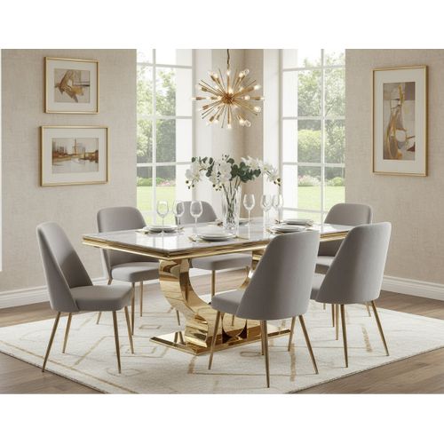 Table à Manger Trofy 6 à 8 Personnes Gold Verre Marbre Blanc 180x90 Cm