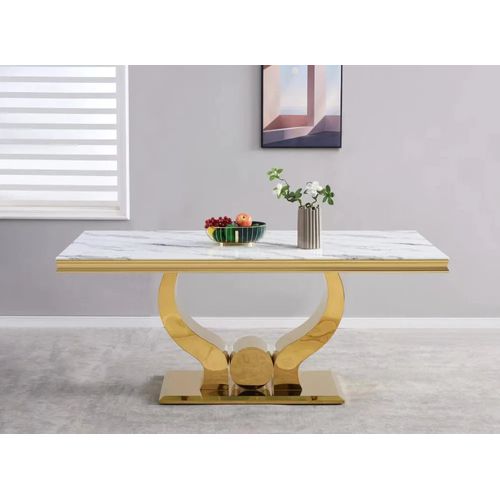 Table à Manger Trofy 6 à 8 Personnes Gold Verre Marbre Blanc 180x90 Cm