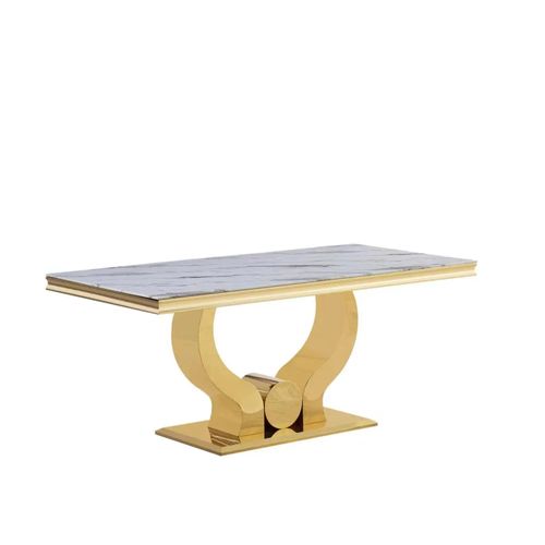 Table à Manger Trofy 6 à 8 Personnes Gold Verre Marbre Blanc 180x90 Cm