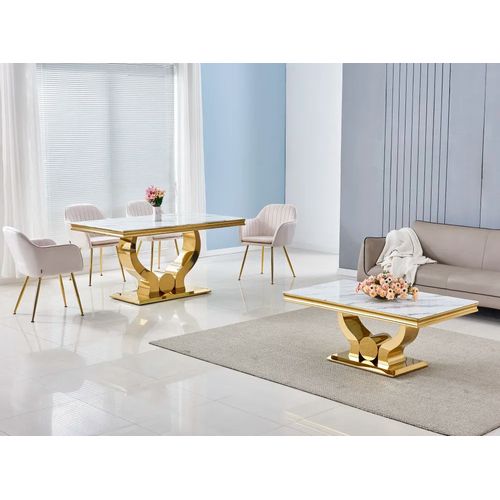 Table à Manger Trofy 6 à 8 Personnes Gold Verre Marbre Blanc 180x90 Cm