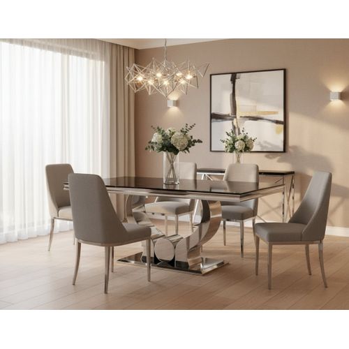 Table à Manger Verre Noir Pied Métal Chrome 180x90 Cm Trofy