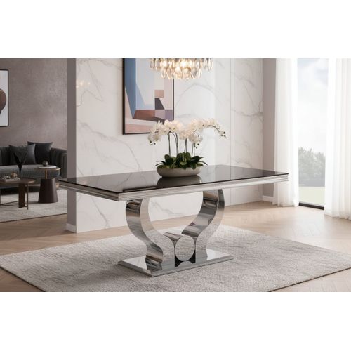 Table à Manger Verre Noir Pied Métal Chrome 180x90 Cm Trofy