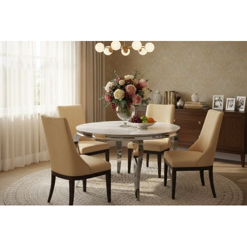 Table à Manger Ronde Baroque Marbre Blanc Pieds Chrome  130x75 Cm