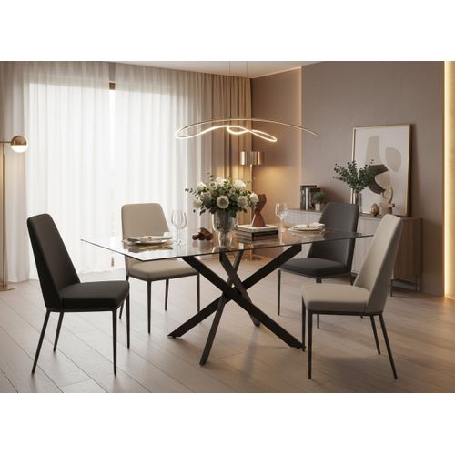 Table Repas Jessica XXL Métal Noir Et Plateau En Verre Marbre Noir 180 Cm 6 à 8 Couverts Transparent