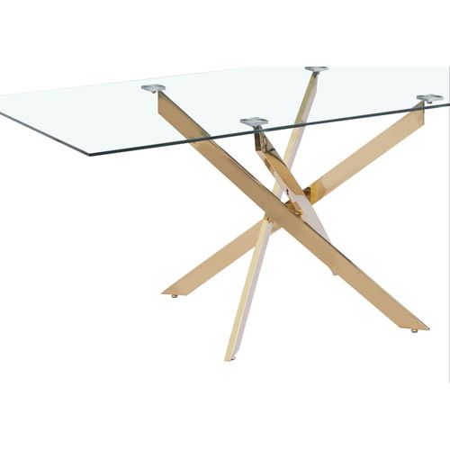 Table à Manger Verre Transparent Pieds Acier Doré 180x90 Cm Jessica XXL