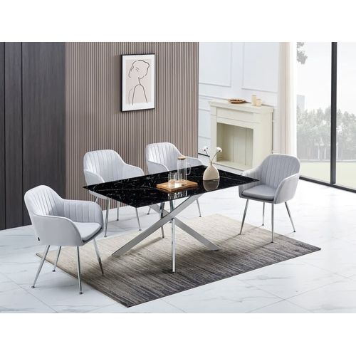 Table Repas Jessica Chrome Et Plateau En Verre 150 Cm 4 à 6 Couverts Effet Marbré Noir