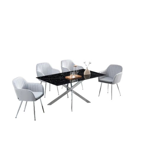 Table Repas Jessica Chrome Et Plateau En Verre 150 Cm 4 à 6 Couverts Effet Marbré Noir