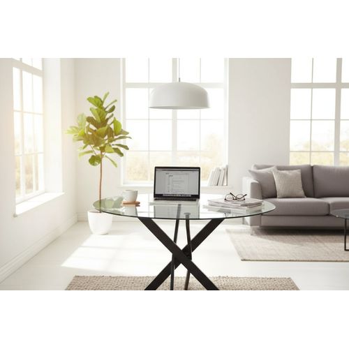 Table à Manger Ronde Jessica Transparent Pieds Métal Noir 100 Cm 4 Couverts