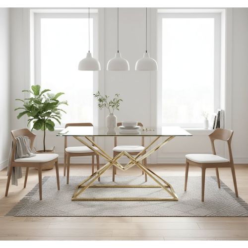 Table à Manger Rectangulaire Verre Transparent Pieds Gold – 150×90 Cm – Pyramide