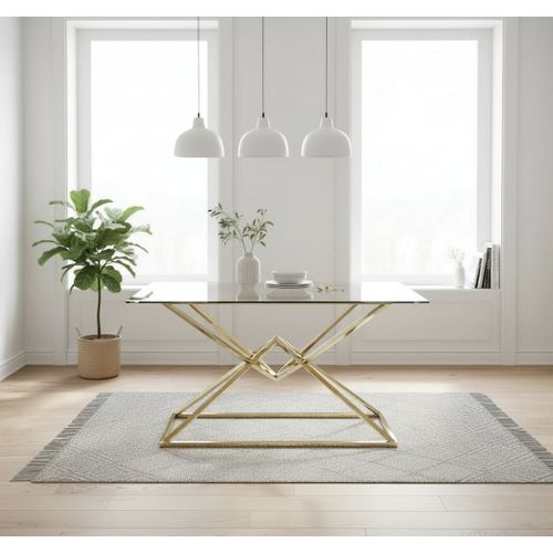 Table à Manger Rectangulaire Verre Transparent Pieds Gold – 150×90 Cm – Pyramide