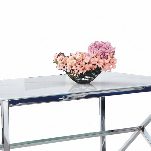 Table à Manger Chrome Verre Trempé Marbré Blanc – 150×90 Cm – Majestique