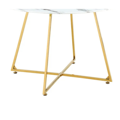 Table à Manger Ronde Verre Marbré Blanc et Pied Gold – 120×120×75 Cm – Heloise
