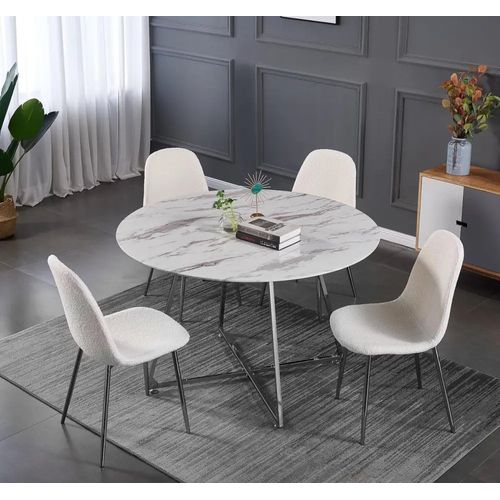 Table à Manger Ronde Heloise Chrome - Plateau Marbré Blanc D120 Cm