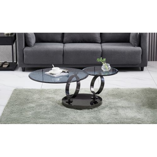 Table Basse Automat – Verre Fumé et Métal Noir – Plateau 80 Cm + Rotatif 55 Cm