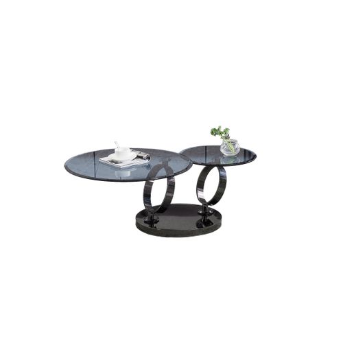 Table Basse Automat – Verre Fumé et Métal Noir – Plateau 80 Cm + Rotatif 55 Cm