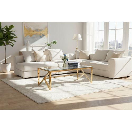 Table Basse Majestique Rectangle Plateau Verre Trempé Transparent Pieds Gold 120x60x45cm