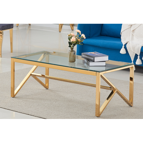 Table Basse Majestique Rectangle Plateau Verre Trempé Transparent Pieds Gold 120x60x45cm