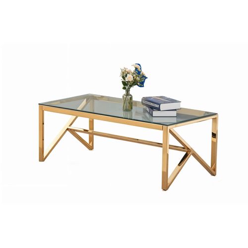 Table Basse Majestique Rectangle Plateau Verre Trempé Transparent Pieds Gold 120x60x45cm
