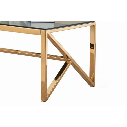 Table Basse Majestique Rectangle Plateau Verre Trempé Transparent Pieds Gold 120x60x45cm
