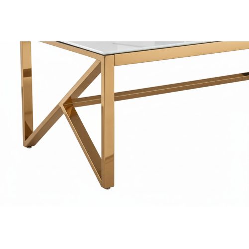 Table Basse Majestique Rectangle Plateau Verre Trempé Marbré Blanc Pieds Gold 120x60x45cm