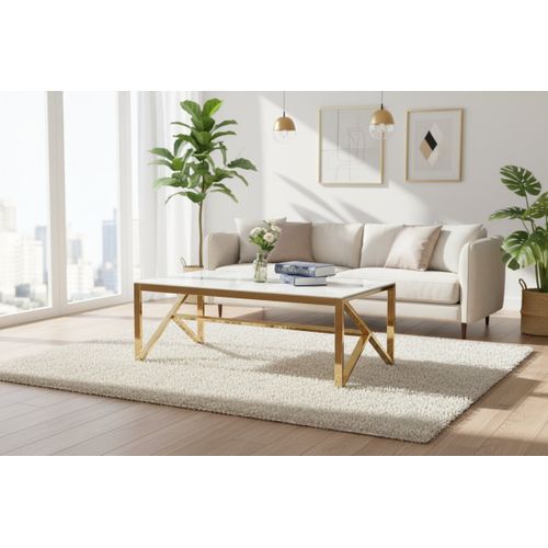 Table Basse Majestique Rectangle Plateau Verre Trempé Marbré Blanc Pieds Gold 120x60x45cm