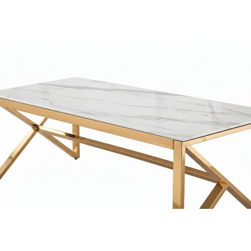Table Basse Majestique Rectangle Plateau Verre Trempé Marbré Blanc Pieds Gold 120x60x45cm