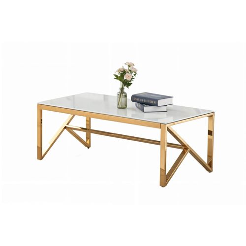 Table Basse Majestique Rectangle Plateau Verre Trempé Marbré Blanc Pieds Gold 120x60x45cm
