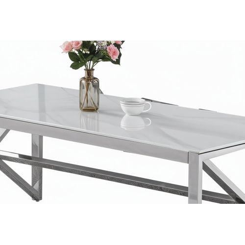 Table Basse Majestique Rectangle Plateau Verre Trempé Marbré Blanc Pieds Chrome 120x60x45cm