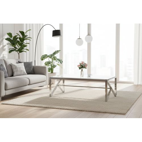 Table Basse Majestique Rectangle Plateau Verre Trempé Marbré Blanc Pieds Chrome 120x60x45cm