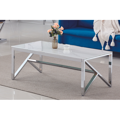 Table Basse Majestique Rectangle Plateau Verre Trempé Marbré Blanc Pieds Chrome 120x60x45cm