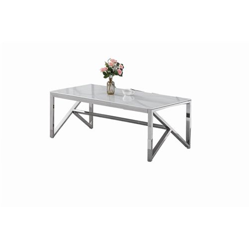 Table Basse Majestique Rectangle Plateau Verre Trempé Marbré Blanc Pieds Chrome 120x60x45cm