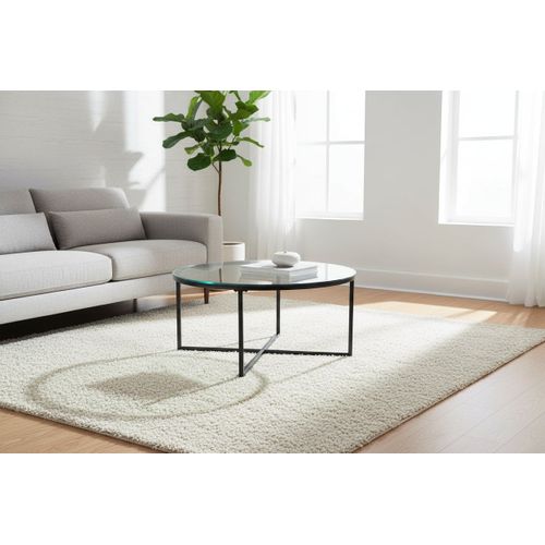 Table Basse Lorie Ronde Plateau Verre Trempé Transparent Structure Métal Noir D90x45cm