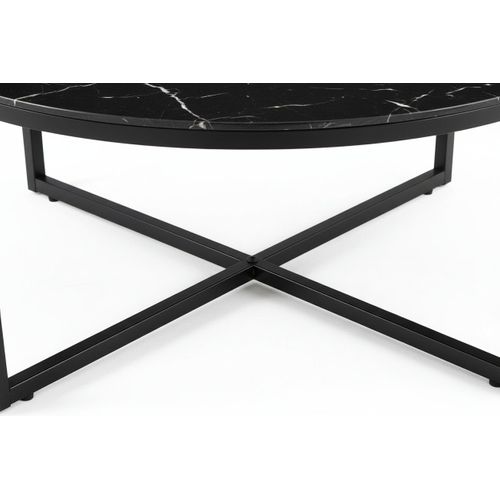 Table Basse Lorie Ronde Plateau Verre Trempé Marbré Noir Structure Métal Noir D90x45cm
