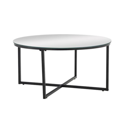 Table Basse Lorie Ronde Plateau Verre Trempé Miroir Structure Métal Noir D90x45cm