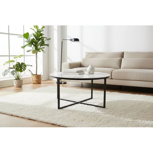 Table Basse Lorie Ronde Plateau Verre Trempé Marbré Blanc Structure Métal Noir D90x45cm