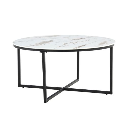 Table Basse Lorie Ronde Plateau Verre Trempé Marbré Blanc Structure Métal Noir D90x45cm