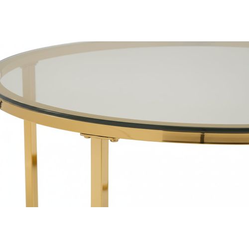 Table Basse Lorie Ronde Plateau Verre Trempé Transparent Structure Métal Gold D90x45cm