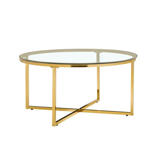 Table Basse Lorie Ronde Plateau Verre Trempé Transparent Structure Métal Gold D90x45cm