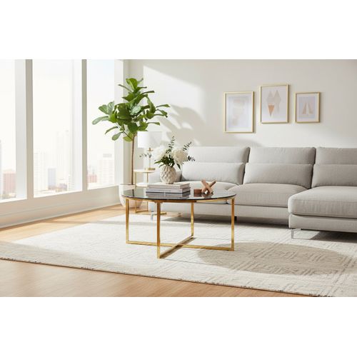 Table Basse Lorie Ronde Plateau Verre Trempé Marbré Noir Structure Métal Gold D90x45cm