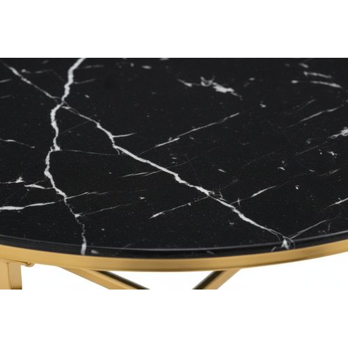 Table Basse Lorie Ronde Plateau Verre Trempé Marbré Noir Structure Métal Gold D90x45cm