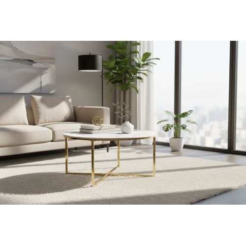 Table Basse Lorie Ronde Plateau Verre Trempé Miroir Structure Métal Gold D90x45cm