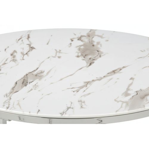 Table Basse Lorie Ronde Plateau Verre Trempé Marbré Blanc Structure Métal Chrome D90x45cm