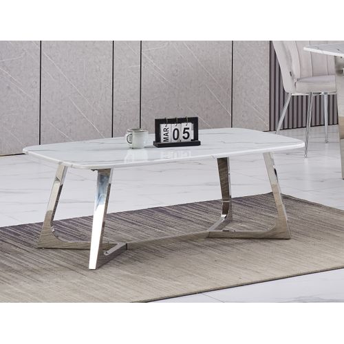 Table Basse Gossip Inox Plateau En Granite Marbré Blanc 120x70 Cm - Chrome