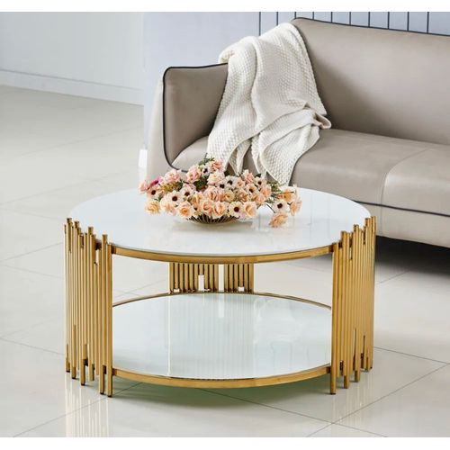 Table Basse Ronde Stick Gold Et Plateau En Verre Blanc D90 H45 Cm
