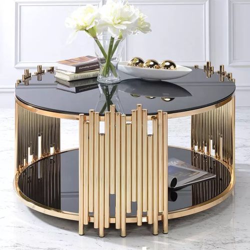 Table Basse Ronde Stick Gold Et Plateau En Verre Noir D90 H45 Cm