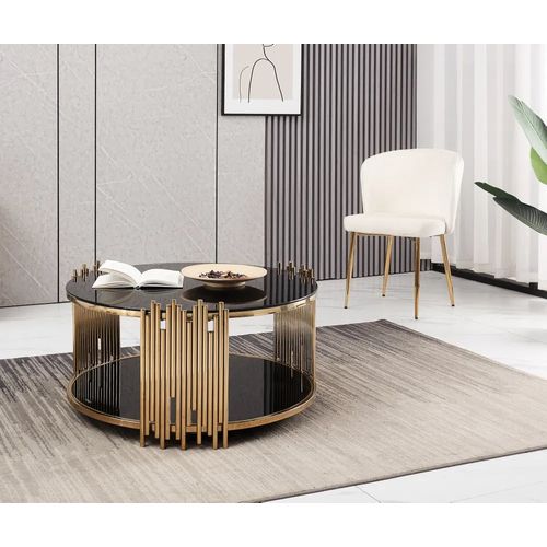 Table Basse Ronde Stick Gold Et Plateau En Verre Noir D90 H45 Cm