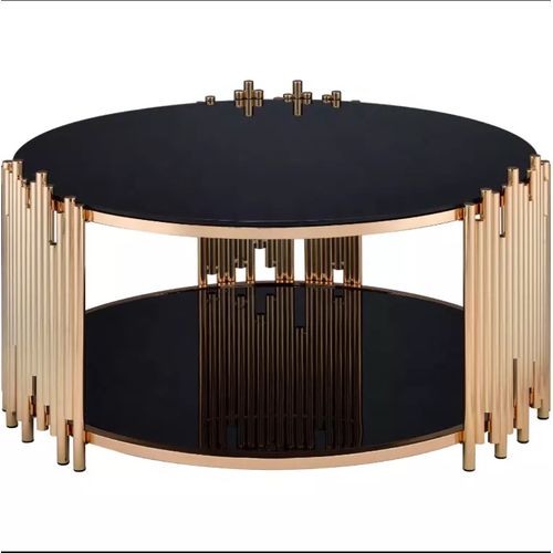 Table Basse Ronde Stick Gold Et Plateau En Verre Noir D90 H45 Cm