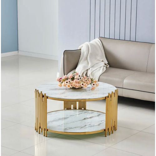 Table Basse Ronde Stick Gold Et Plateau En Verre Marbre Blanc D90 H45 Cm