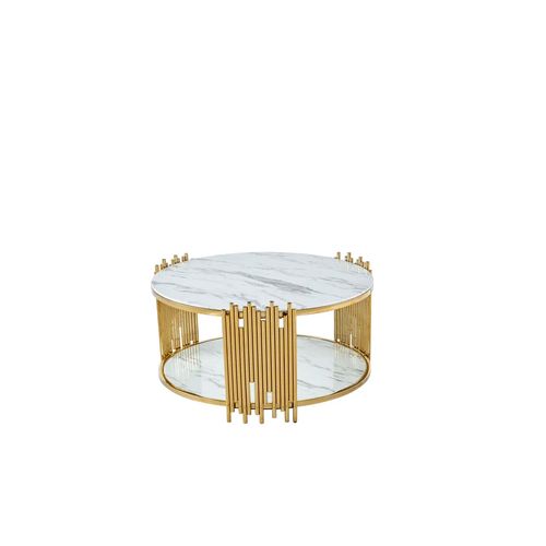 Table Basse Ronde Stick Gold Et Plateau En Verre Marbre Blanc D90 H45 Cm
