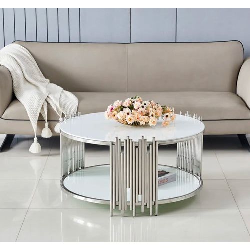 Table Basse Ronde Stick Chrome Et Plateau En Verre Blanc D90 H45 Cm